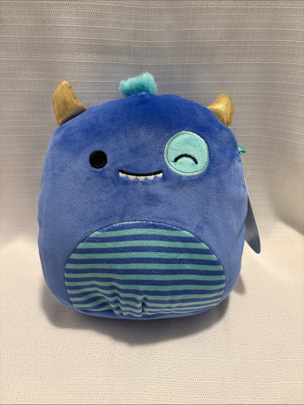 Squishmallows Blue and Teal Striped Monster Plush with Gold Horns